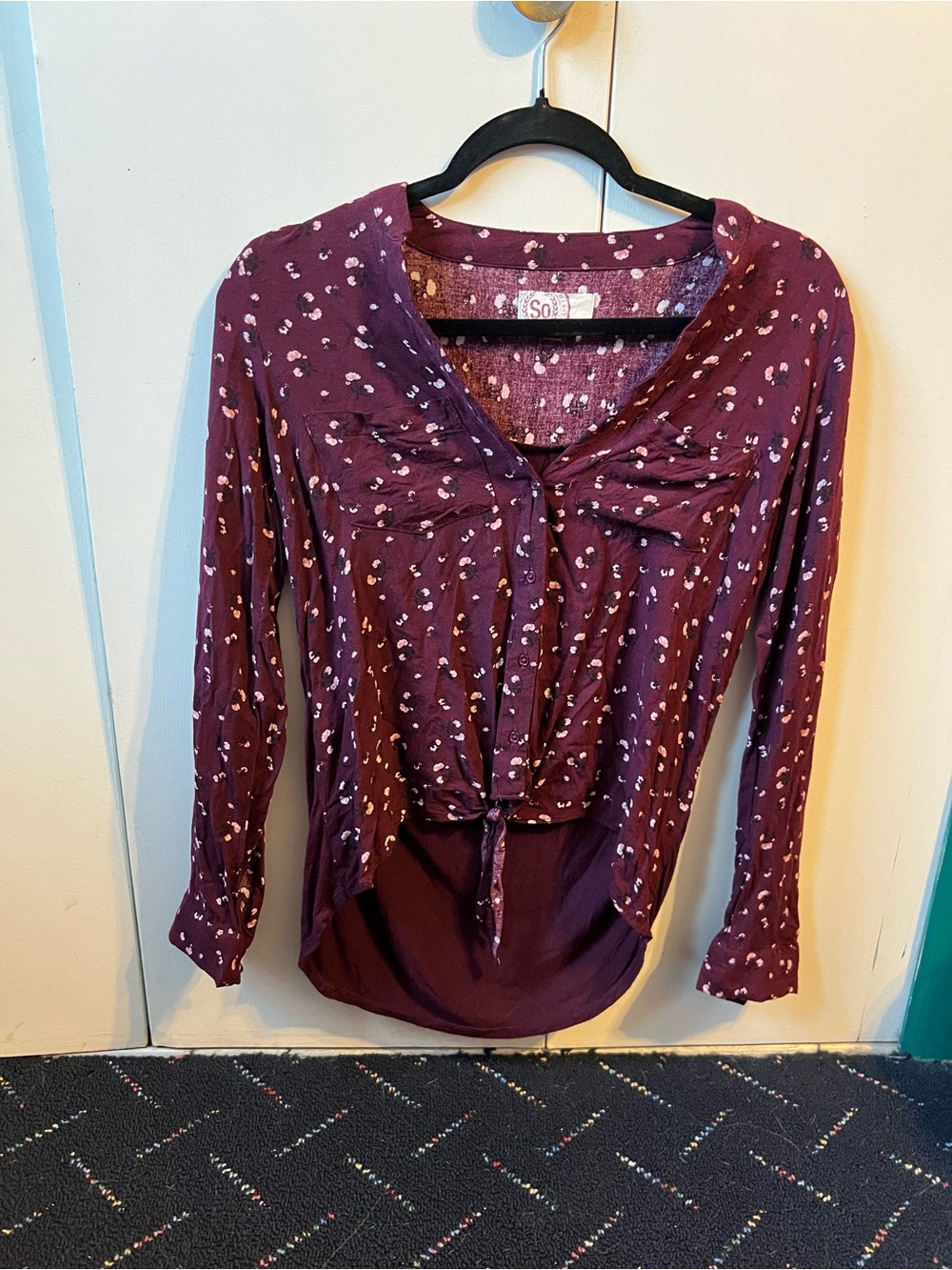 SO Burgundy Long-Sleeve Tie-Front Blouse with White Dot Print